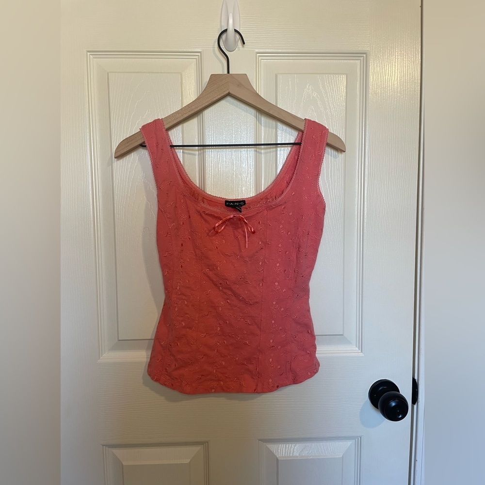 Vintage Fang Pointelle Lace Y2K Bow Pink Tank Top Size Medium
